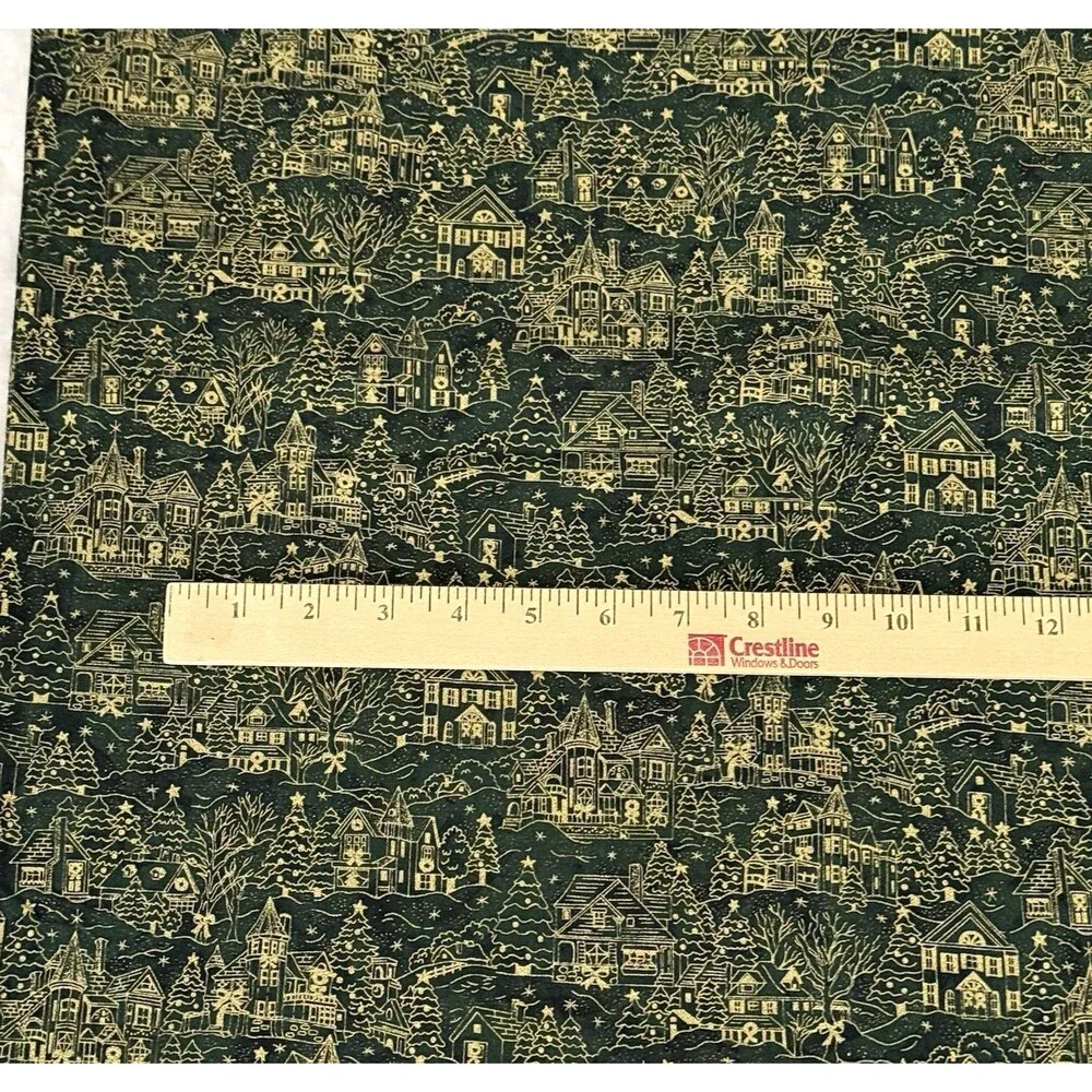 Vtg 50s Xmas Houses Village Gold Metallic Green Cotton Quilt Fabric 1yd x 40.5W